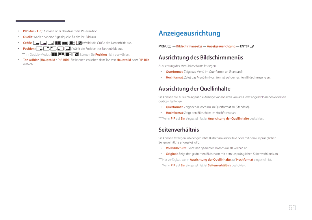 Samsung SBB-SS08EL1/EN Anzeigeausrichtung, Ausrichtung des Bildschirmmenüs, Ausrichtung der Quellinhalte, Seitenverhältnis 