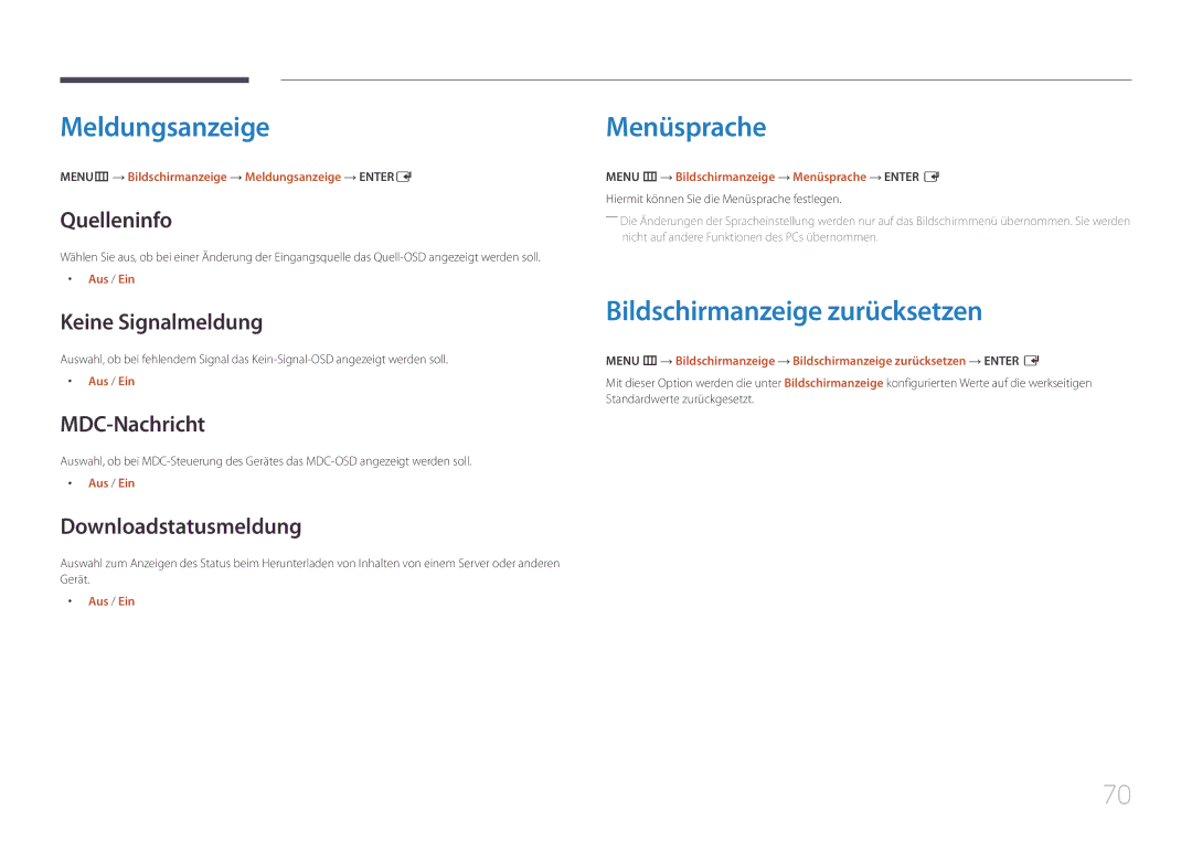 Samsung SBB-SS08EL1/EN manual Meldungsanzeige, Menüsprache, Bildschirmanzeige zurücksetzen 