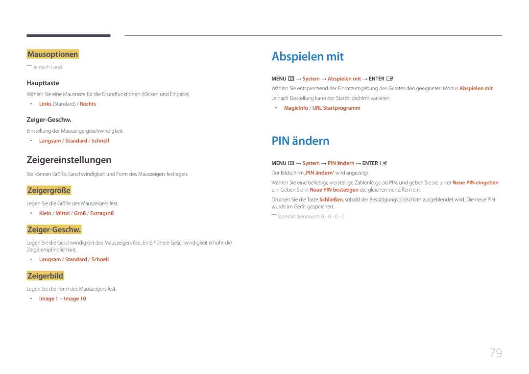 Samsung SBB-SS08EL1/EN manual Abspielen mit, PIN ändern, Zeigereinstellungen 