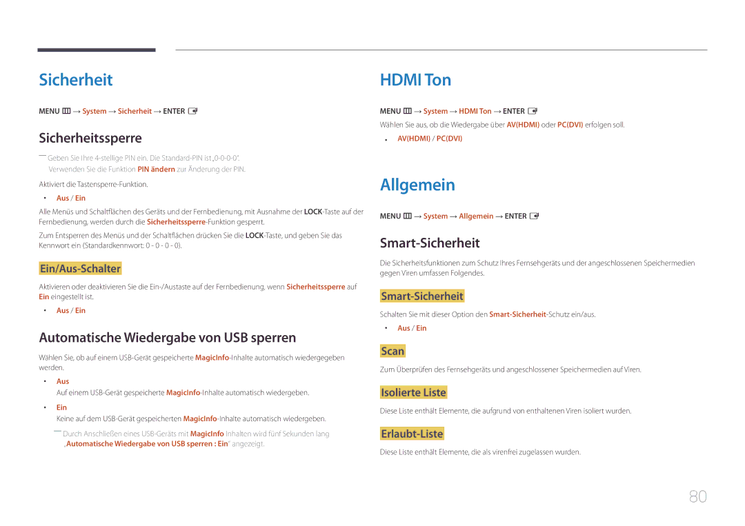 Samsung SBB-SS08EL1/EN manual Allgemein, Sicherheitssperre, Automatische Wiedergabe von USB sperren, Smart-Sicherheit 