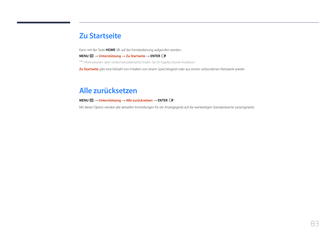 Samsung SBB-SS08EL1/EN manual Zu Startseite, Menu m → Unterstützung → Alle zurücksetzen → Enter E 