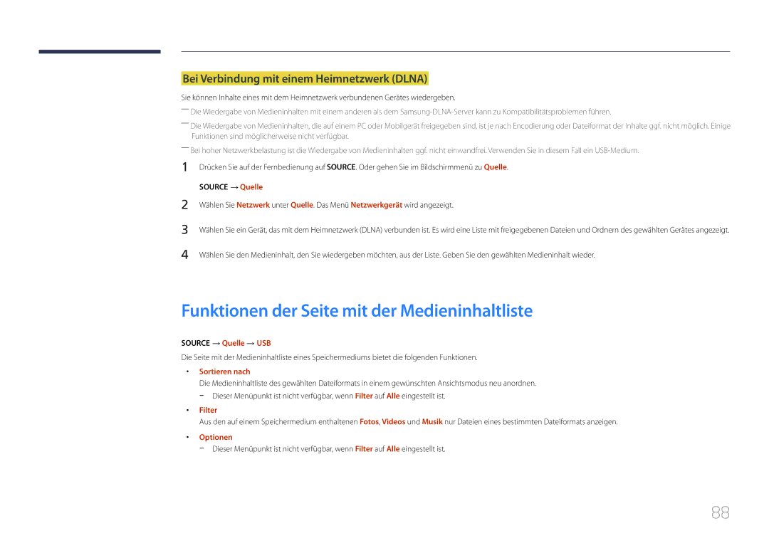 Samsung SBB-SS08EL1/EN Funktionen der Seite mit der Medieninhaltliste, Bei Verbindung mit einem Heimnetzwerk Dlna, Filter 