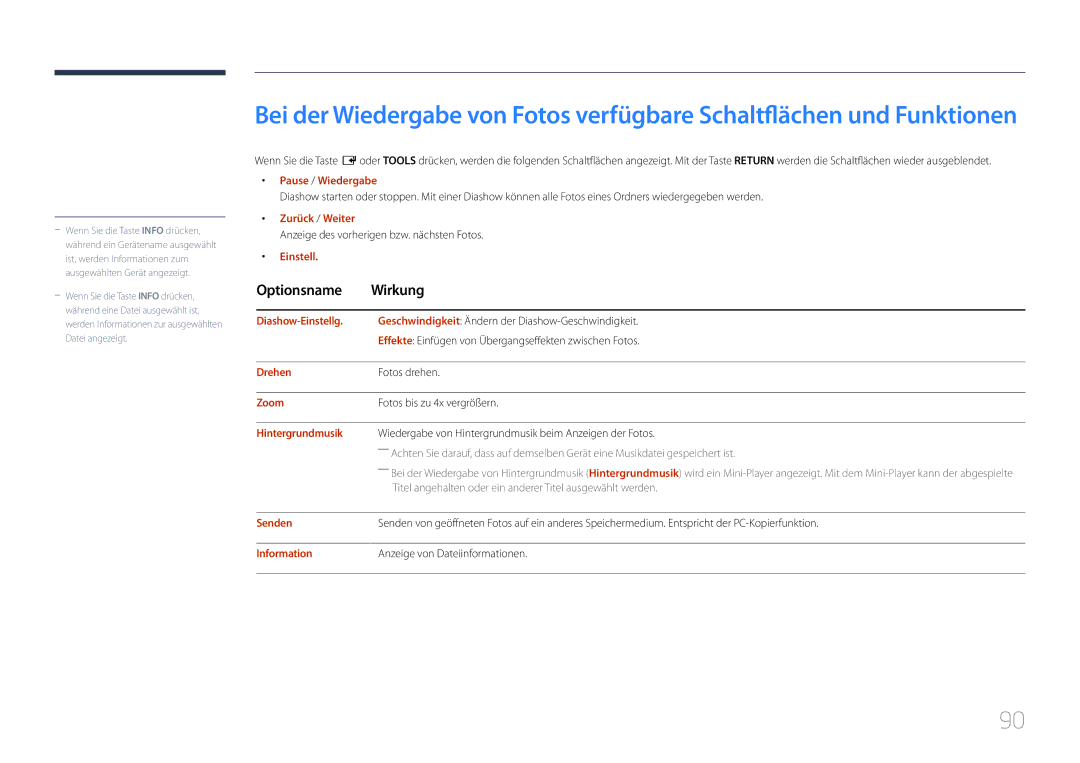 Samsung SBB-SS08EL1/EN Pause / Wiedergabe, Zurück / Weiter, Diashow-Einstellg, Drehen, Zoom, Hintergrundmusik, Information 