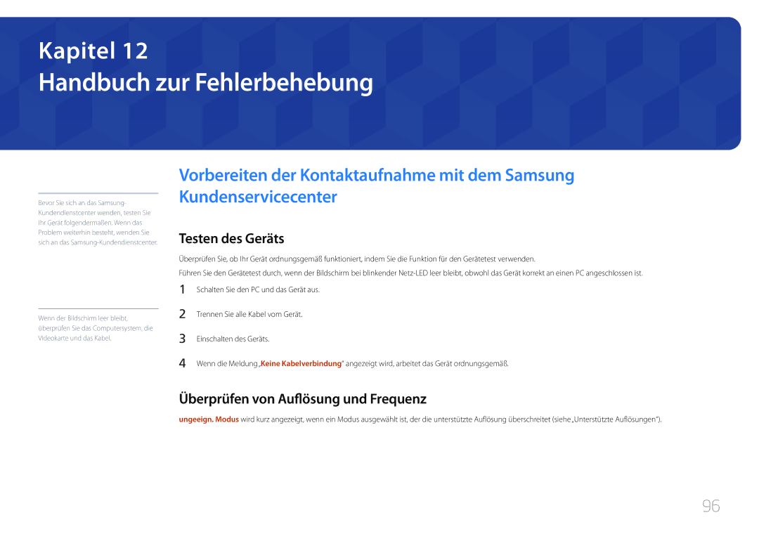 Samsung SBB-SS08EL1/EN manual Handbuch zur Fehlerbehebung, Testen des Geräts, Überprüfen von Auflösung und Frequenz 