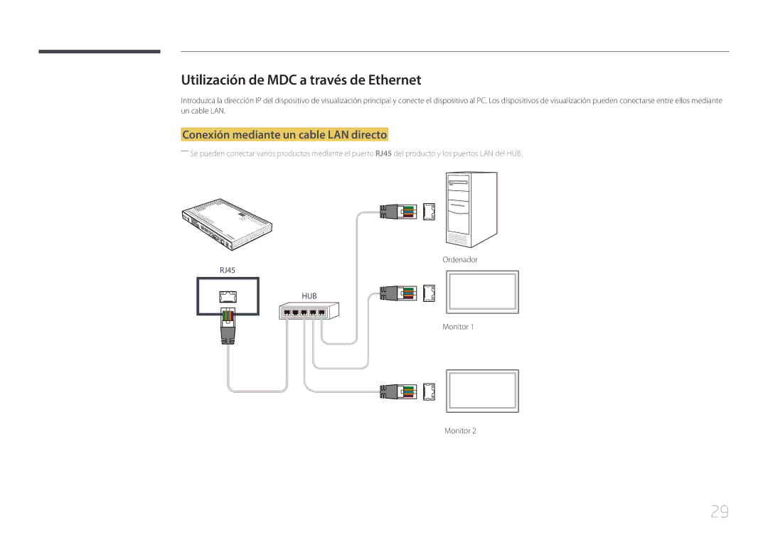 Samsung SBB-SS08EL1/EN manual Utilización de MDC a través de Ethernet, Conexión mediante un cable LAN directo 