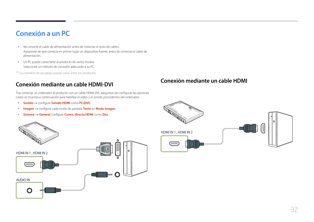 Samsung SBB-SS08EL1/EN Conexión a un PC, Conexión mediante un cable HDMI-DVI, Sonido → configure Sonido Hdmi como Pcdvi 