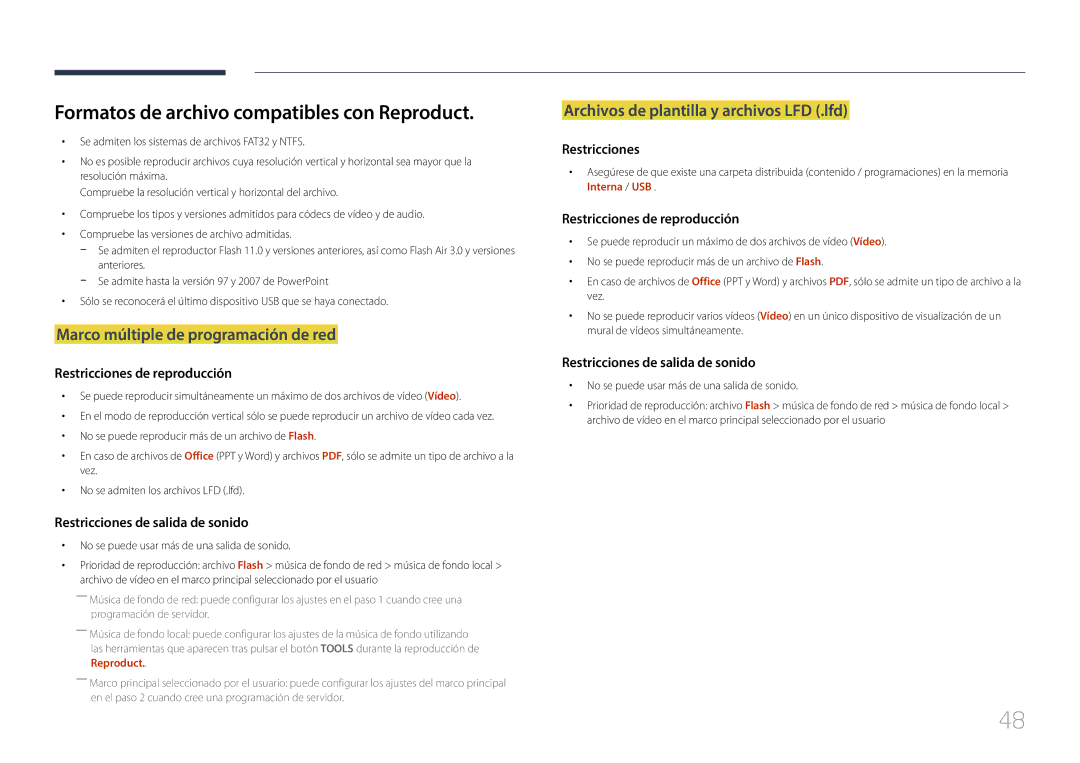 Samsung SBB-SS08EL1/EN manual Formatos de archivo compatibles con Reproduct, Marco múltiple de programación de red 