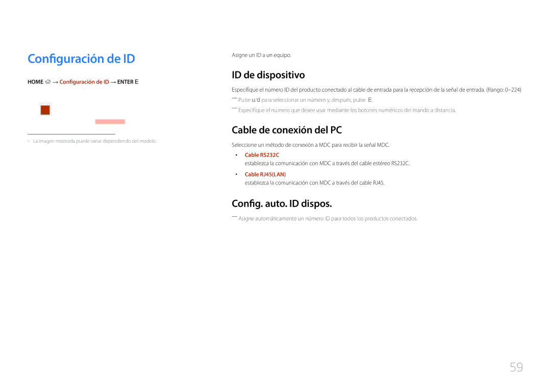 Samsung SBB-SS08EL1/EN manual Configuración de ID, ID de dispositivo, Cable de conexión del PC, Config. auto. ID dispos 
