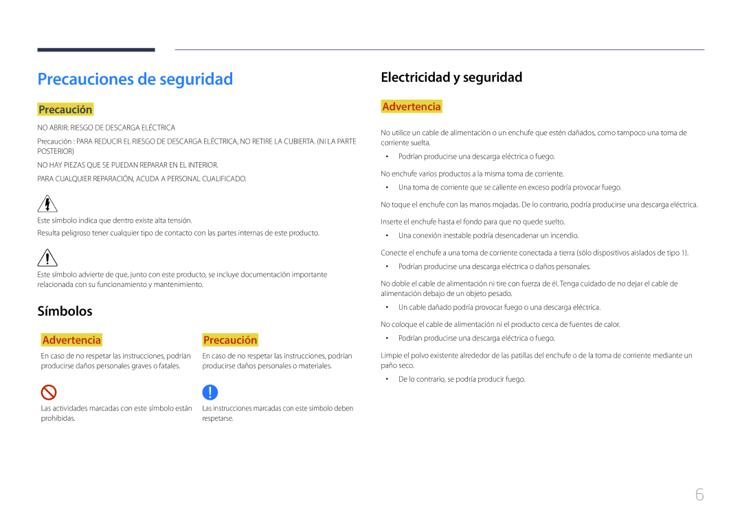 Samsung SBB-SS08EL1/EN Precauciones de seguridad, Símbolos, Electricidad y seguridad, Precaución, Prohibidas Respetarse 