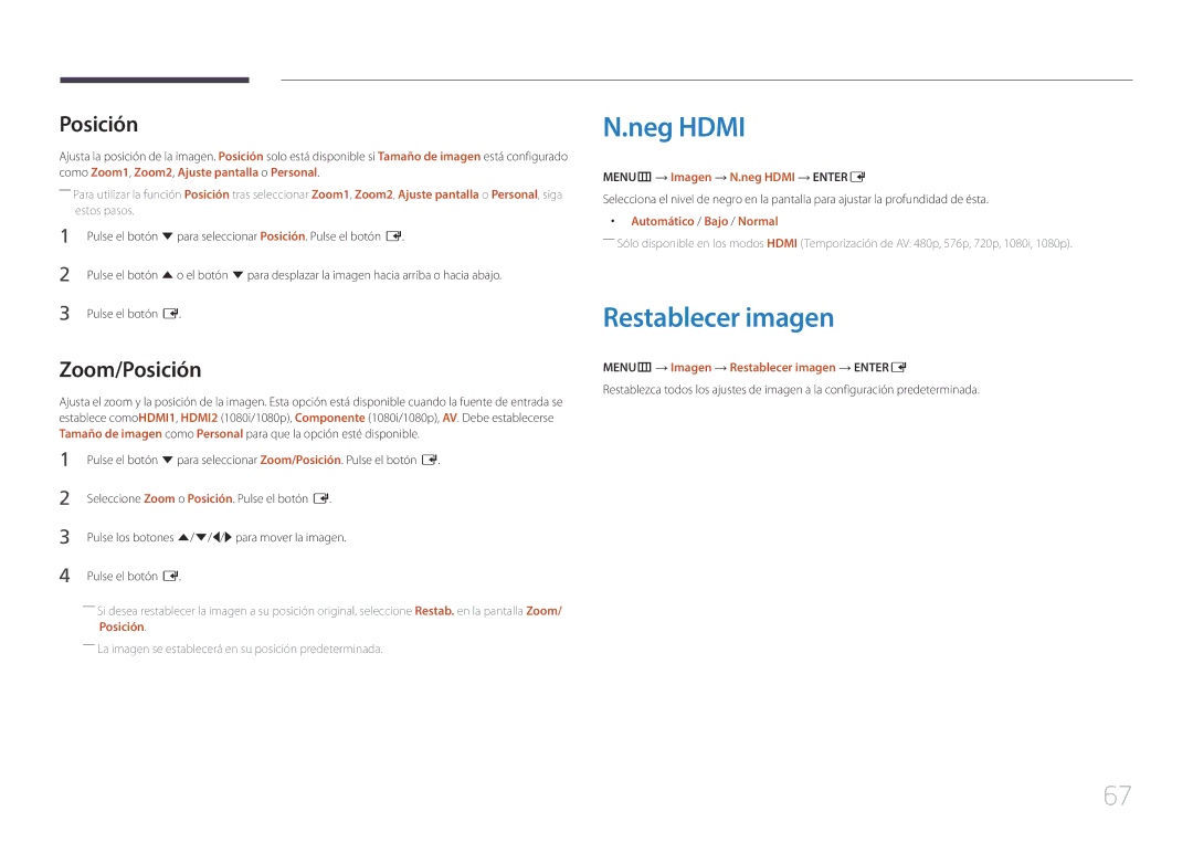 Samsung SBB-SS08EL1/EN manual Neg Hdmi, Restablecer imagen, Zoom/Posición 