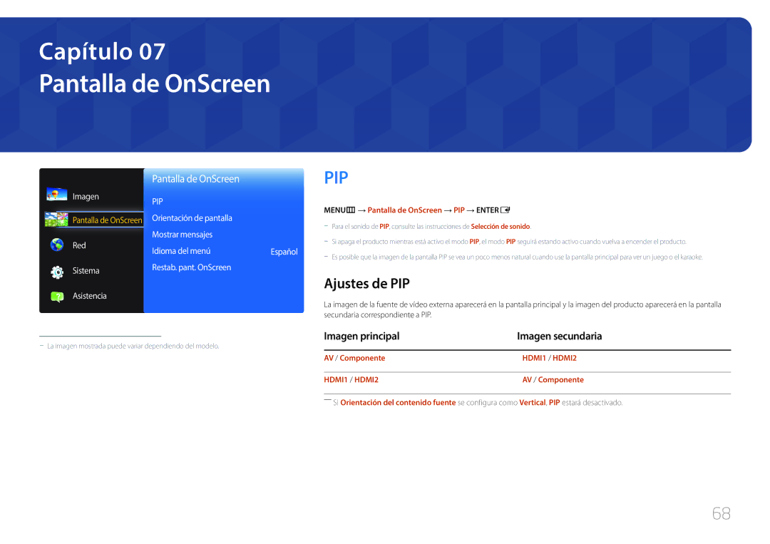 Samsung SBB-SS08EL1/EN manual Pantalla de OnScreen, Ajustes de PIP, Imagen principal Imagen secundaria, AV / Componente 