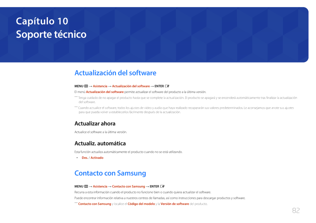 Samsung SBB-SS08EL1/EN manual Soporte técnico, Actualización del software, Contacto con Samsung, Actualizar ahora 