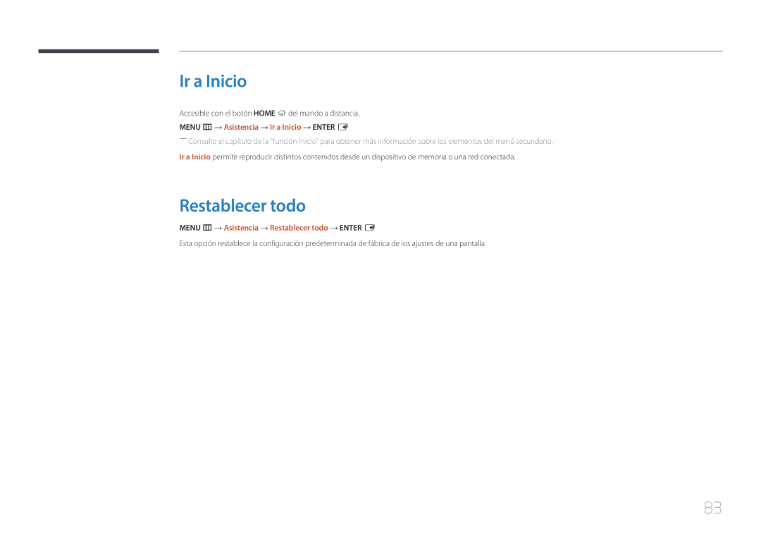 Samsung SBB-SS08EL1/EN manual Ir a Inicio, Menu m → Asistencia → Restablecer todo → Enter E 