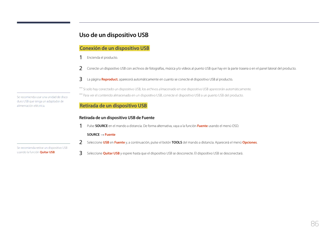 Samsung SBB-SS08EL1/EN manual Uso de un dispositivo USB, Conexión de un dispositivo USB, Retirada de un dispositivo USB 