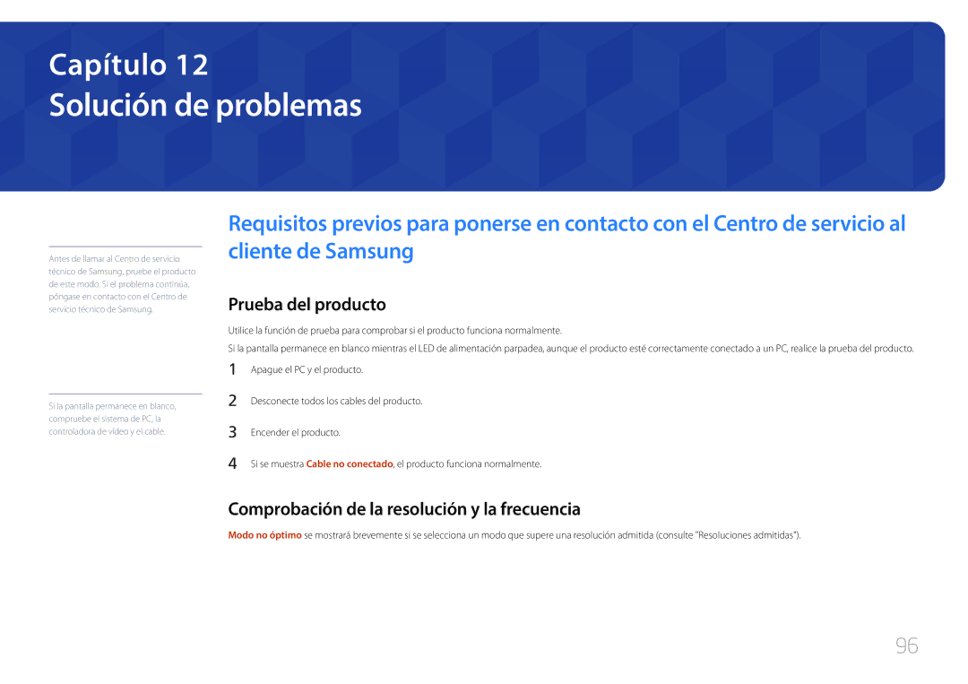 Samsung SBB-SS08EL1/EN manual Solución de problemas, Prueba del producto, Comprobación de la resolución y la frecuencia 