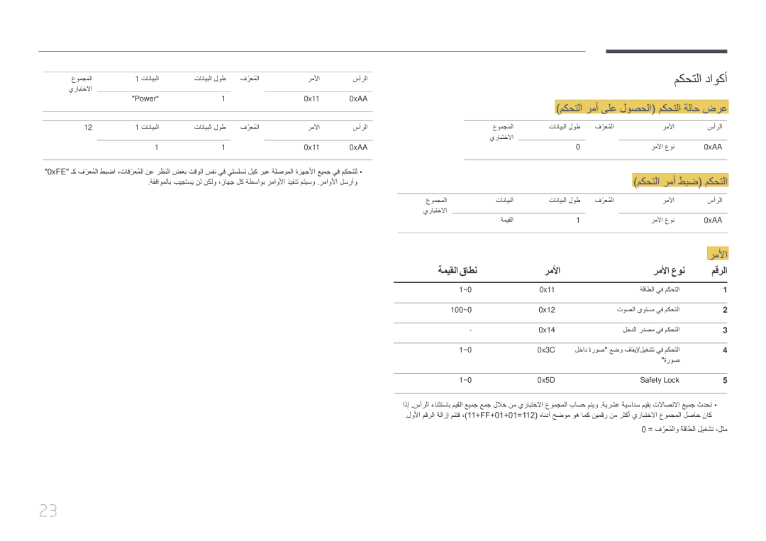 Samsung SBB-SS08EL1/EN manual مكحتلا داوكأ, مكحتلا رمأ ىلع لوصحلا مكحتلا ةلاح ضرع, ةميقلا قاطن رملأا رملأا عون مقرلا 