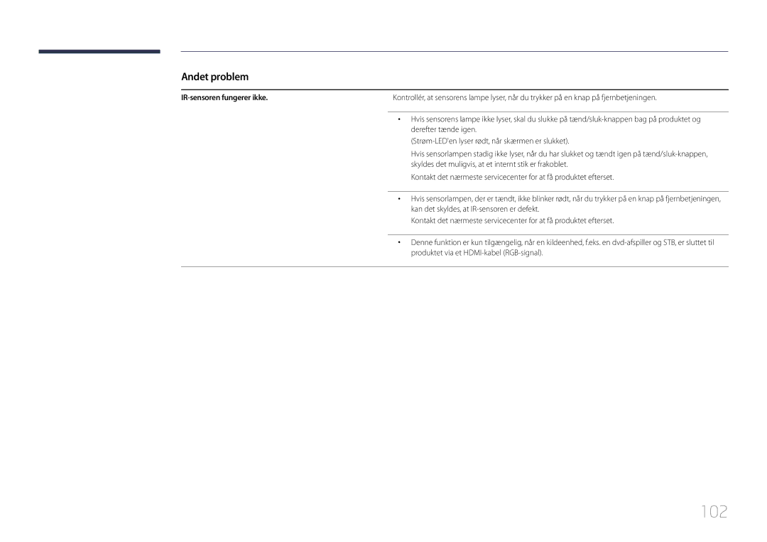 Samsung SBB-SS08EL1/EN manual 102, IR-sensoren fungerer ikke 