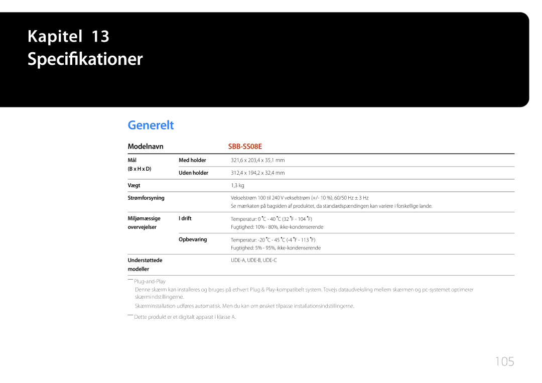 Samsung SBB-SS08EL1/EN manual Specifikationer, Generelt, Modelnavn 