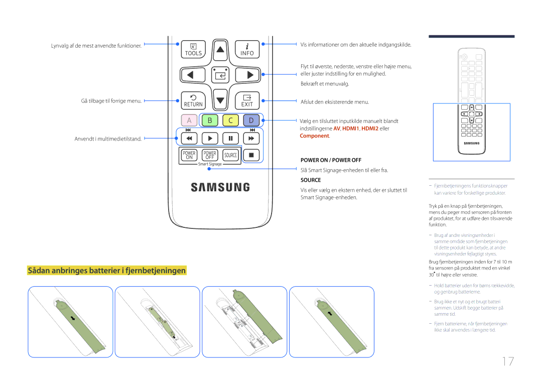 Samsung SBB-SS08EL1/EN manual Sådan anbringes batterier i fjernbetjeningen 