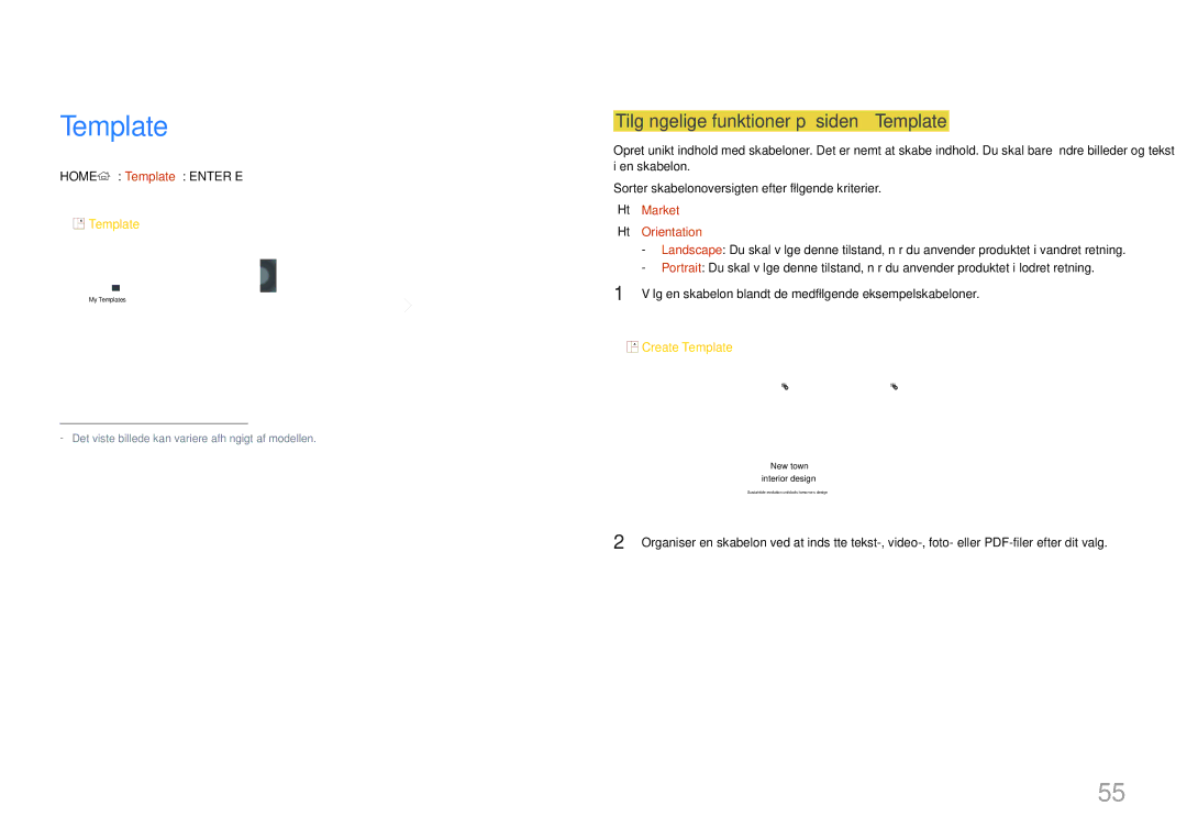 Samsung SBB-SS08EL1/EN manual Tilgængelige funktioner på siden Template, Home → Template → Enter E, Market, Orientation 