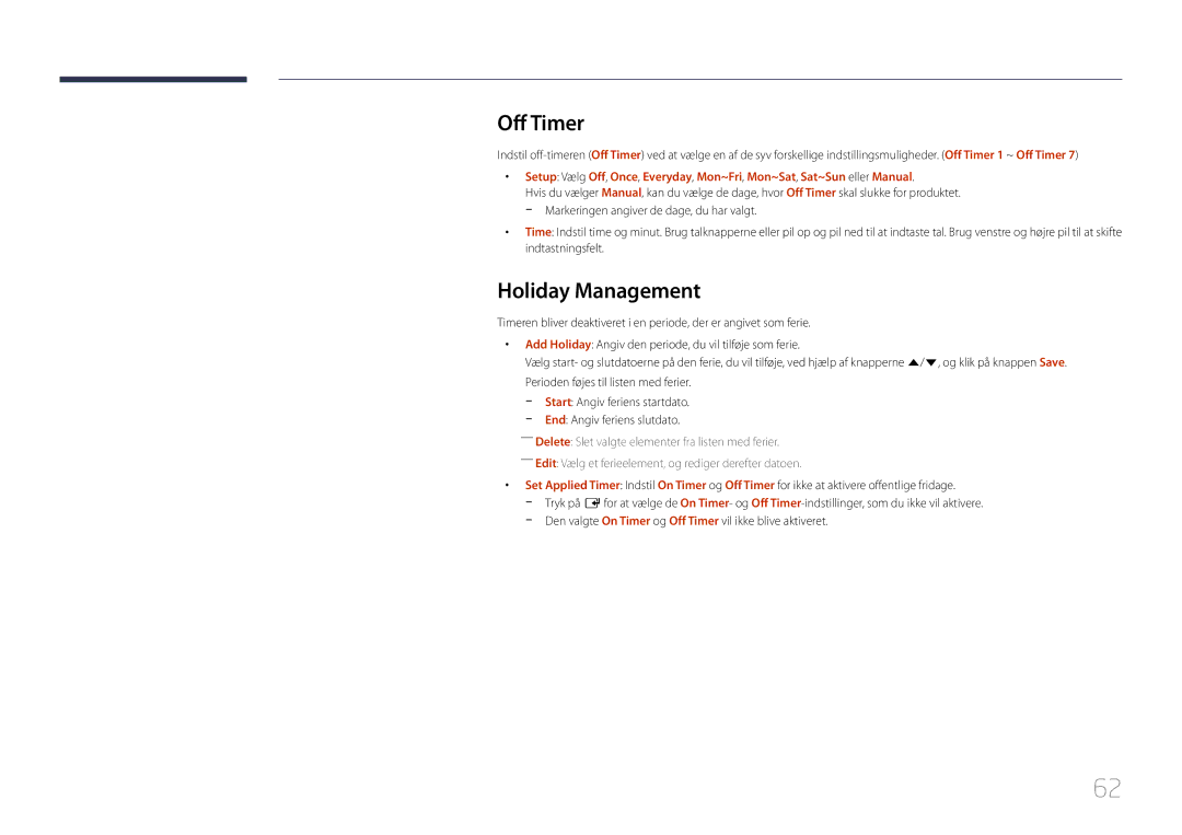 Samsung SBB-SS08EL1/EN manual Off Timer, Holiday Management 