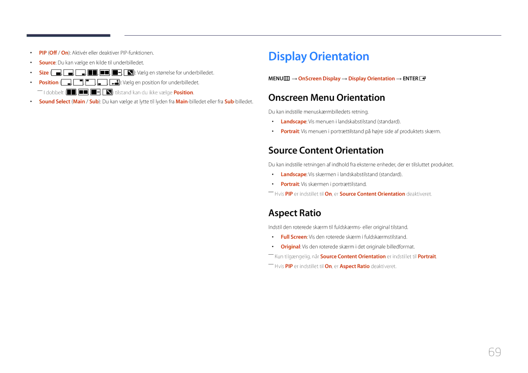 Samsung SBB-SS08EL1/EN manual Display Orientation, Onscreen Menu Orientation, Source Content Orientation, Aspect Ratio 