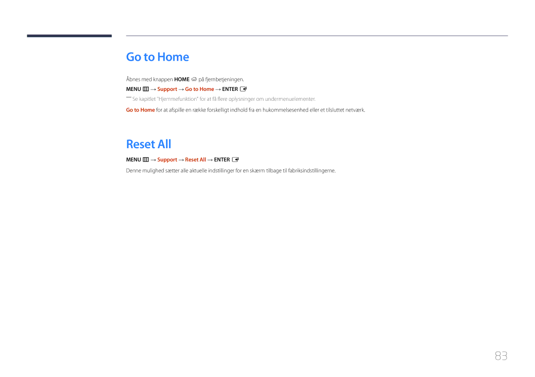 Samsung SBB-SS08EL1/EN manual Go to Home, Menu m → Support → Reset All → Enter E 
