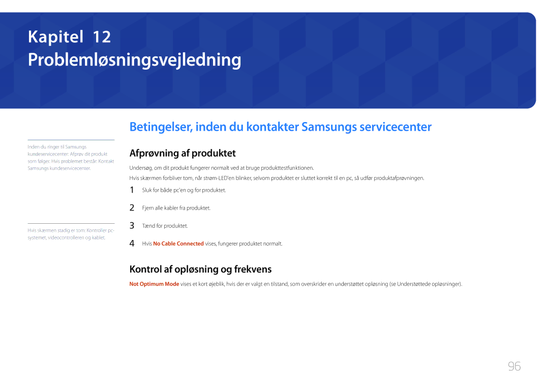 Samsung SBB-SS08EL1/EN manual Problemløsningsvejledning, Betingelser, inden du kontakter Samsungs servicecenter 