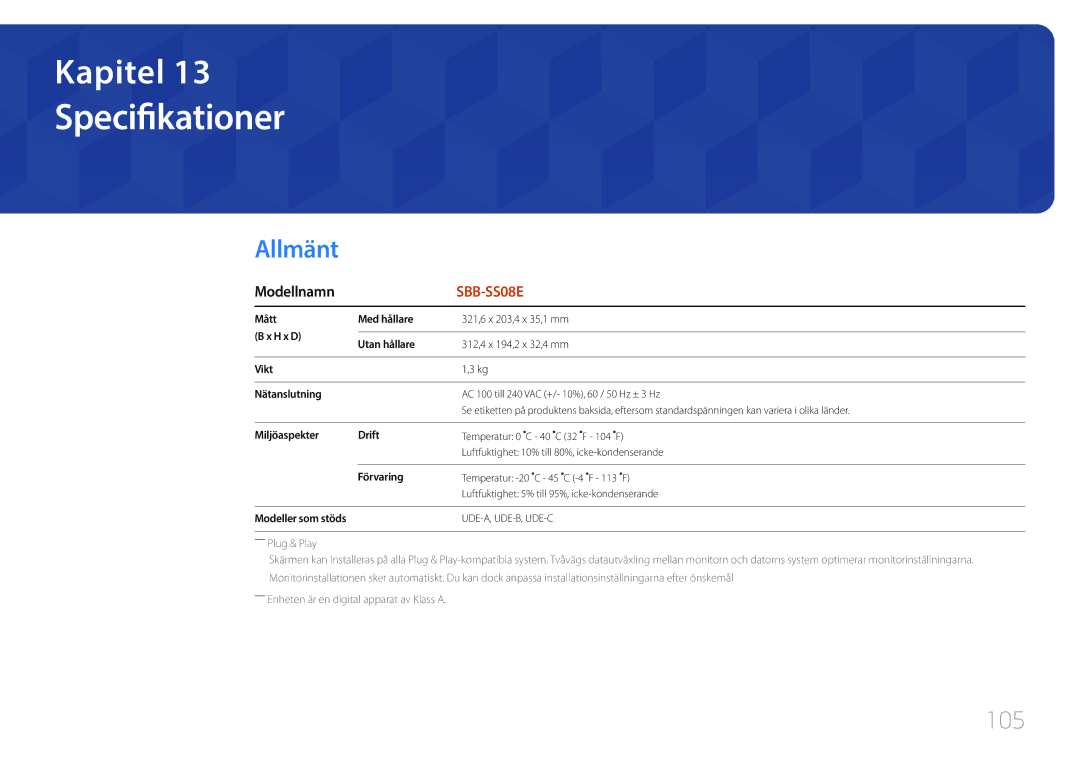 Samsung SBB-SS08EL1/EN manual Specifikationer, Modellnamn 