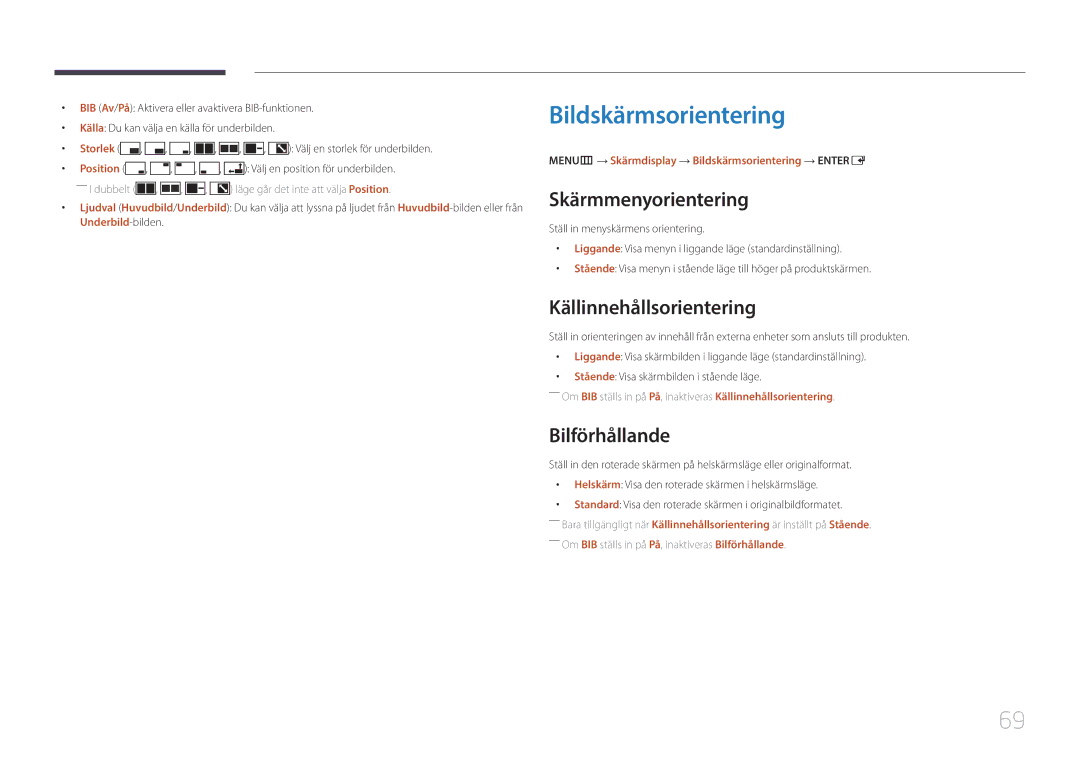 Samsung SBB-SS08EL1/EN manual Bildskärmsorientering, Skärmmenyorientering, Källinnehållsorientering, Bilförhållande 