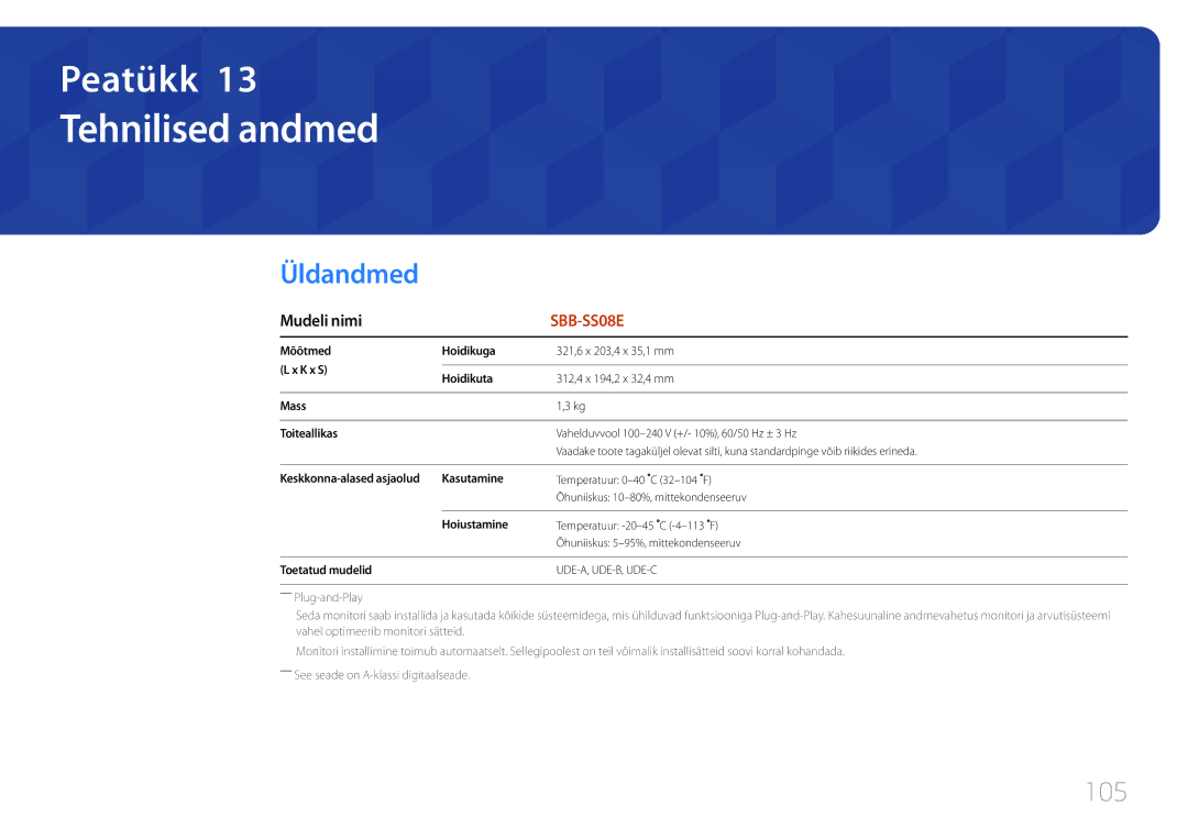 Samsung SBB-SS08EL1/EN manual Tehnilised andmed, Üldandmed, Mudeli nimi 