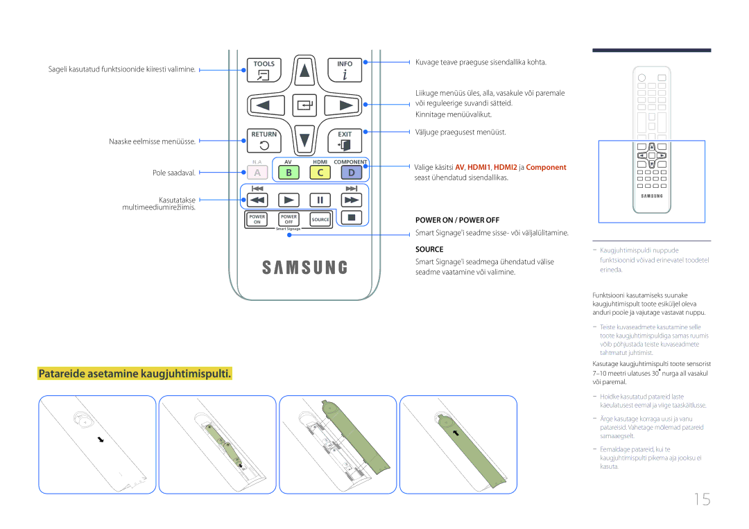 Samsung SBB-SS08EL1/EN manual Patareide asetamine kaugjuhtimispulti, Sageli kasutatud funktsioonide kiiresti valimine 