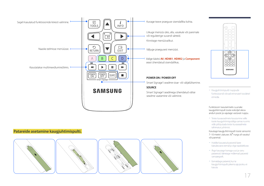 Samsung SBB-SS08EL1/EN manual Patareide asetamine kaugjuhtimispulti 