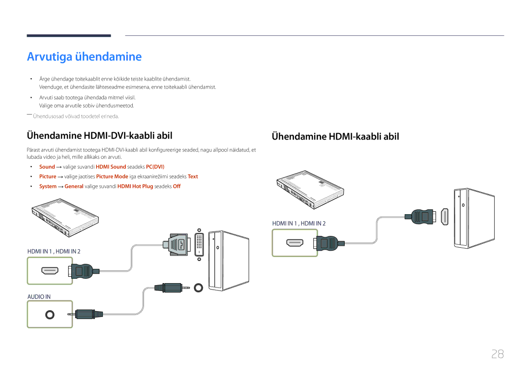 Samsung SBB-SS08EL1/EN manual Arvutiga ühendamine, Ühendamine HDMI-DVI-kaabli abil 