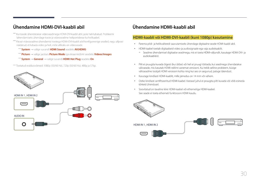 Samsung SBB-SS08EL1/EN manual Ühendamine HDMI-kaabli abil, HDMI-kaabli või HDMI-DVI-kaabli kuni 1080p kasutamine 