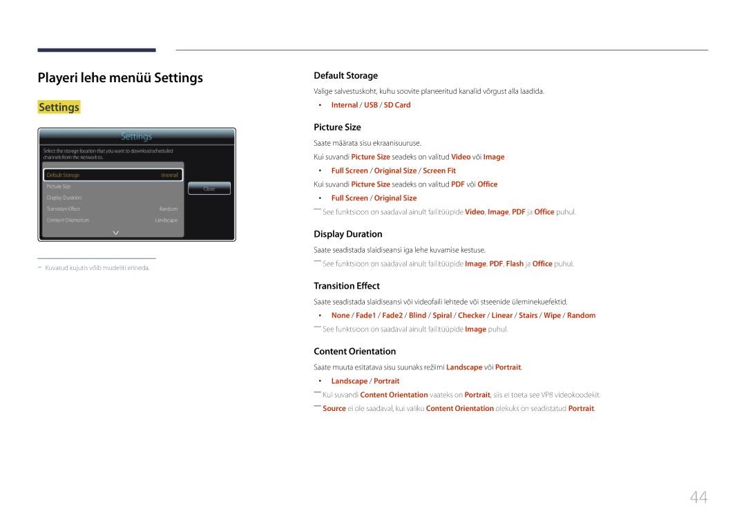 Samsung SBB-SS08EL1/EN Playeri lehe menüü Settings, Internal / USB / SD Card, Full Screen / Original Size / Screen Fit 