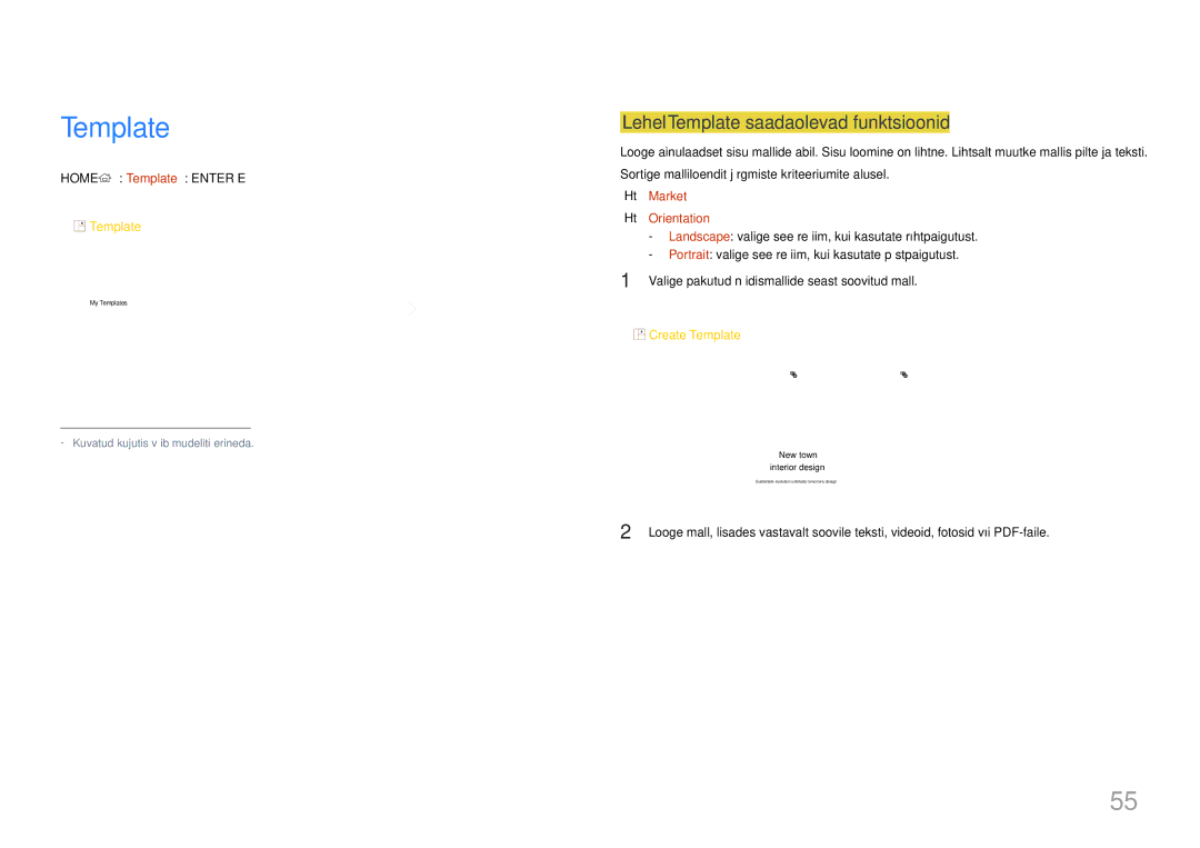 Samsung SBB-SS08EL1/EN manual Lehel Template saadaolevad funktsioonid, Home → Template → Enter E, Market, Orientation 