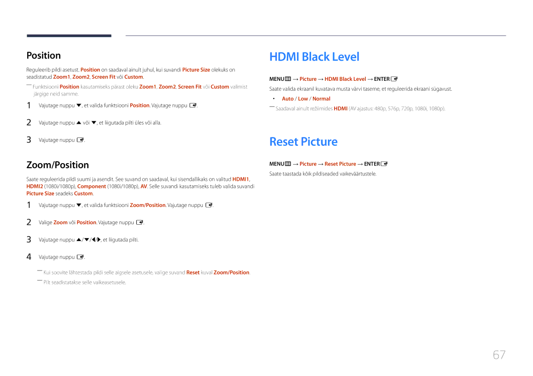 Samsung SBB-SS08EL1/EN manual Hdmi Black Level, Reset Picture, Zoom/Position 