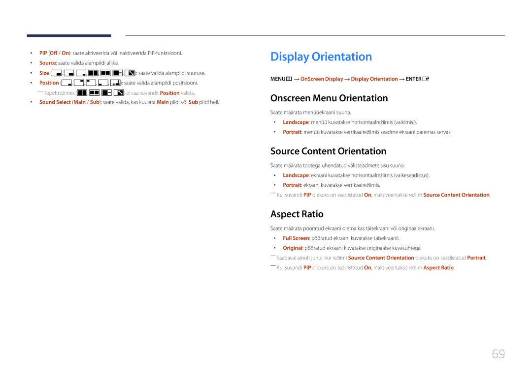 Samsung SBB-SS08EL1/EN manual Display Orientation, Onscreen Menu Orientation, Source Content Orientation, Aspect Ratio 