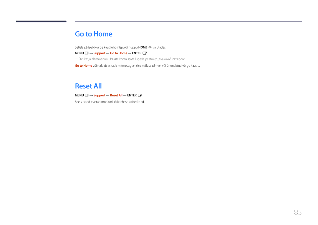 Samsung SBB-SS08EL1/EN manual Go to Home, Menu m → Support → Reset All → Enter E 
