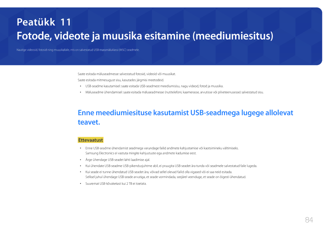 Samsung SBB-SS08EL1/EN manual Fotode, videote ja muusika esitamine meediumiesitus, Ettevaatust 