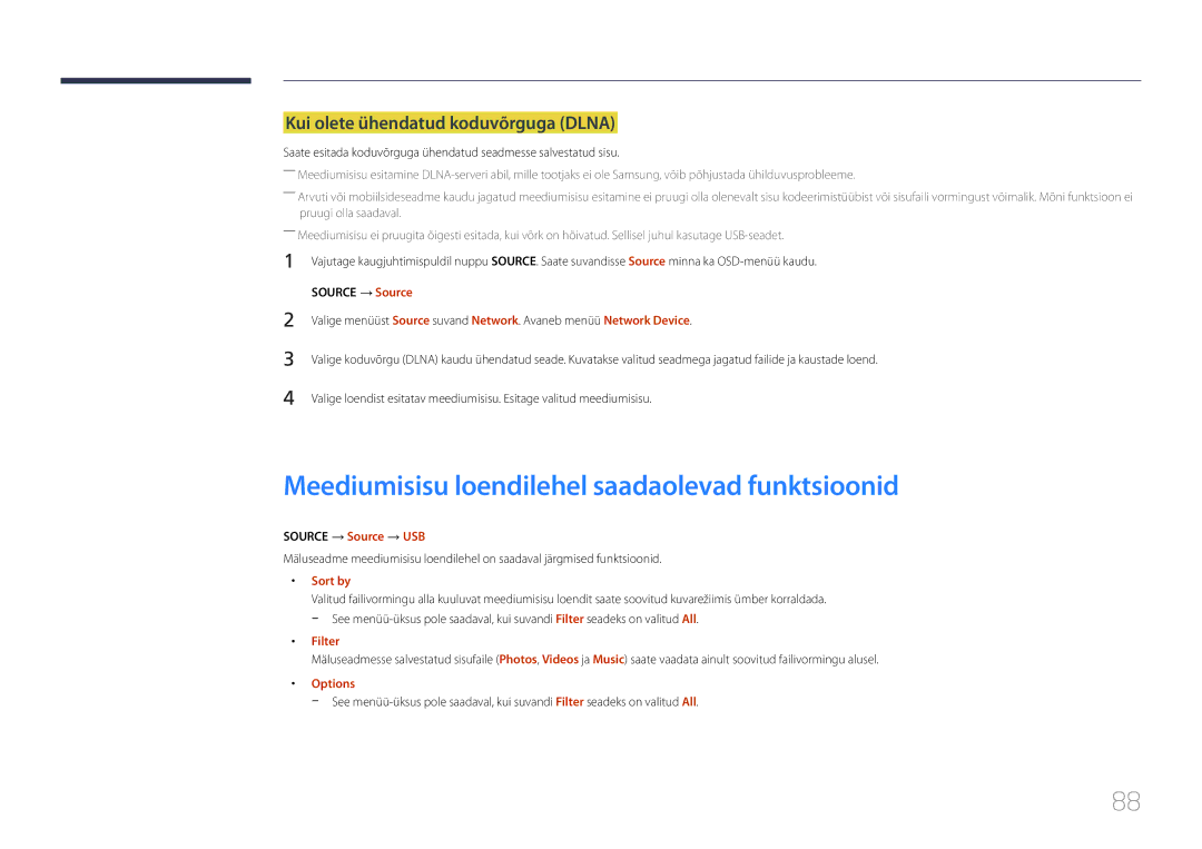 Samsung SBB-SS08EL1/EN Meediumisisu loendilehel saadaolevad funktsioonid, Kui olete ühendatud koduvõrguga Dlna, Filter 