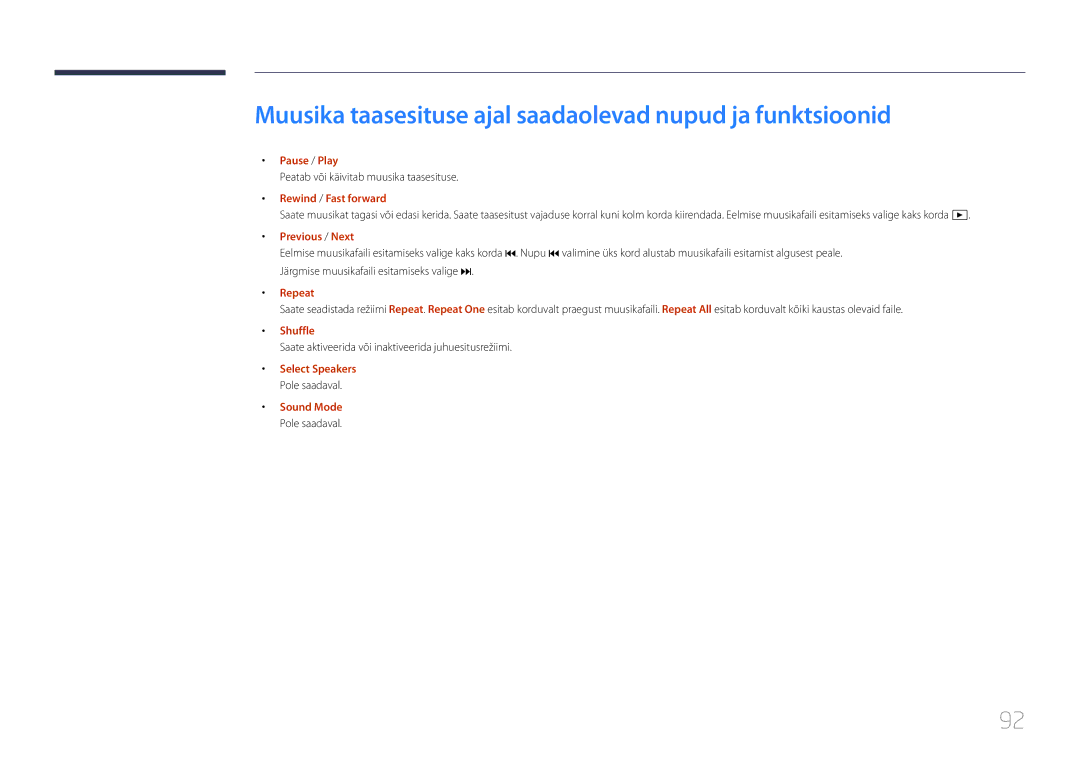 Samsung SBB-SS08EL1/EN Muusika taasesituse ajal saadaolevad nupud ja funktsioonid, Shuffle, Select Speakers, Sound Mode 
