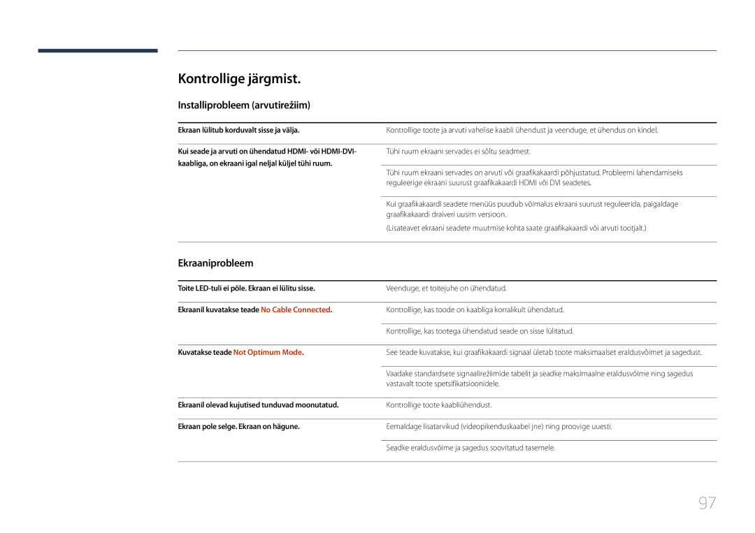 Samsung SBB-SS08EL1/EN manual Kontrollige järgmist, Installiprobleem arvutirežiim, Ekraaniprobleem 