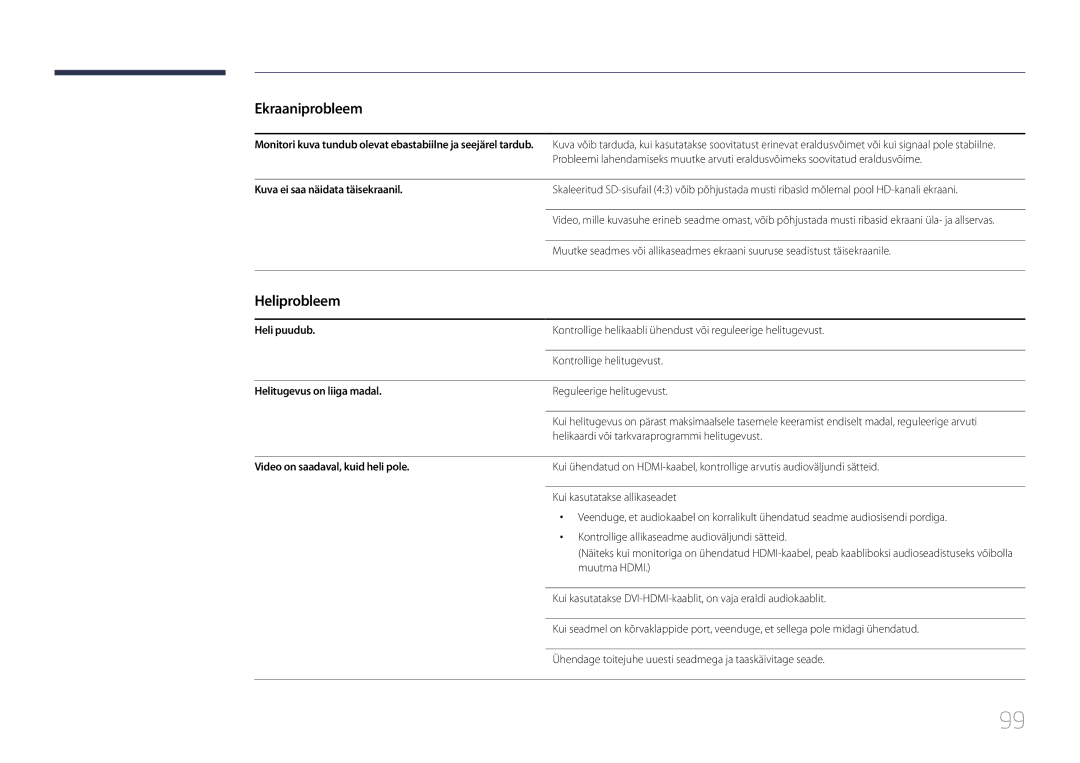 Samsung SBB-SS08EL1/EN manual Heliprobleem, Kuva ei saa näidata täisekraanil, Heli puudub, Helitugevus on liiga madal 