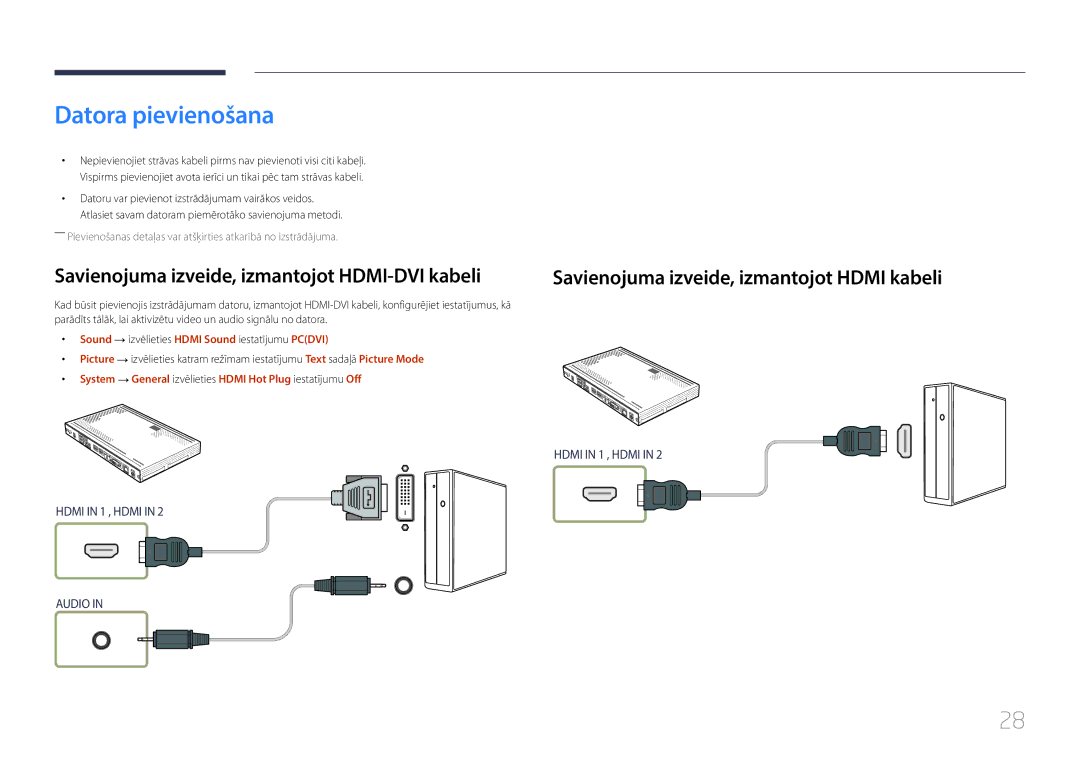 Samsung SBB-SS08EL1/EN manual Datora pievienošana, Savienojuma izveide, izmantojot HDMI-DVI kabeli 