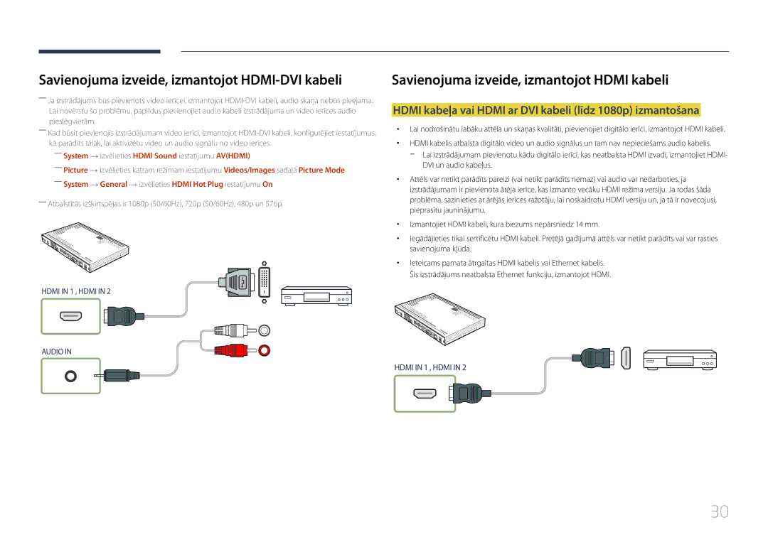 Samsung SBB-SS08EL1/EN manual Hdmi kabeļa vai Hdmi ar DVI kabeli līdz 1080p izmantošana 