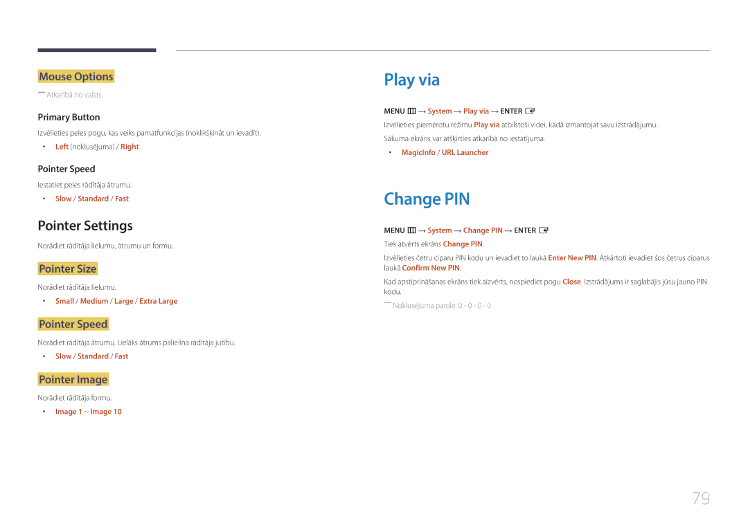 Samsung SBB-SS08EL1/EN manual Play via, Change PIN, Pointer Settings 