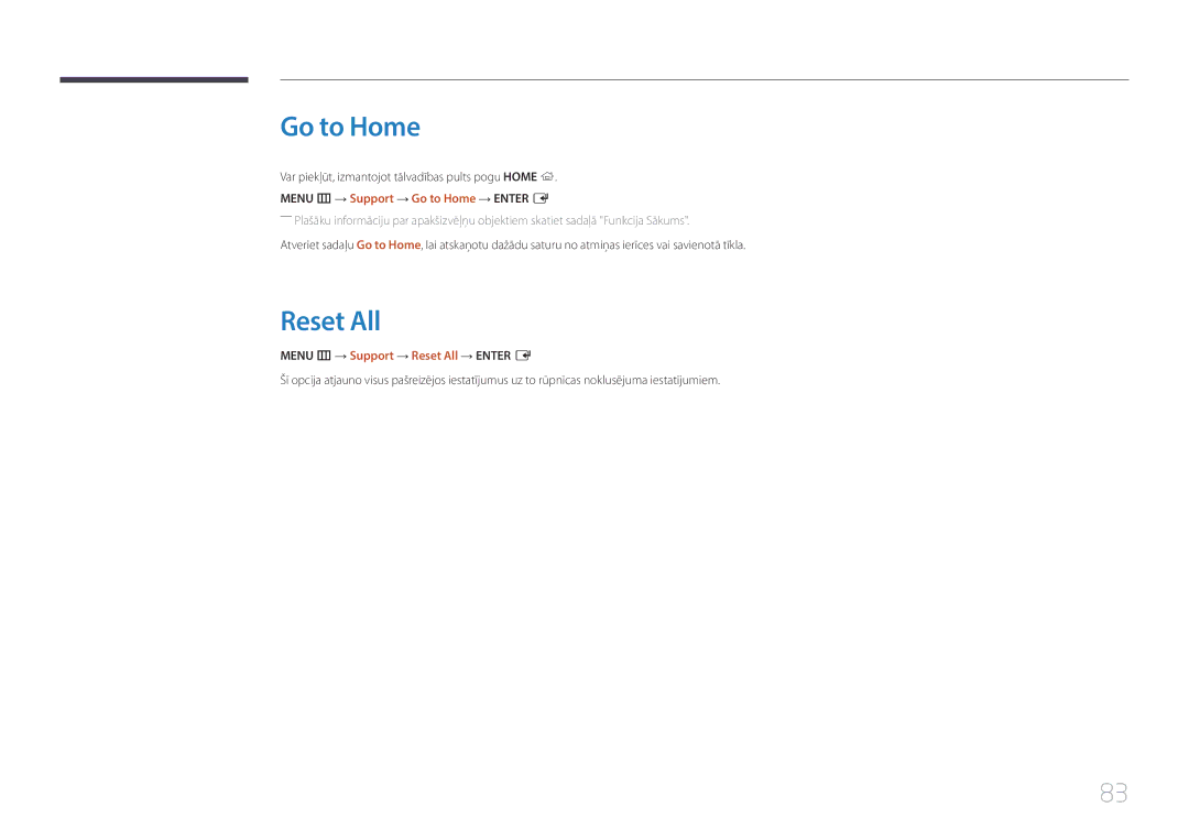 Samsung SBB-SS08EL1/EN manual Go to Home, Menu m → Support → Reset All → Enter E 