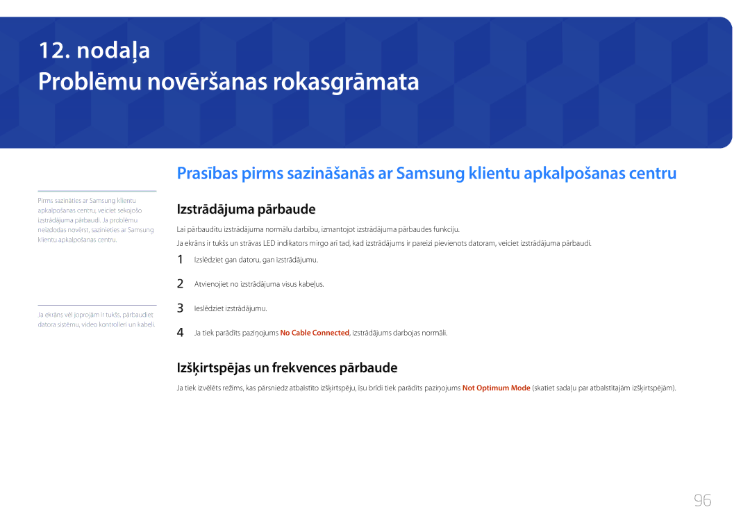 Samsung SBB-SS08EL1/EN manual Problēmu novēršanas rokasgrāmata, Izstrādājuma pārbaude, Izšķirtspējas un frekvences pārbaude 